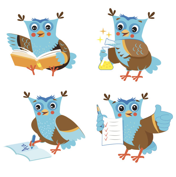 可爱的猫头鹰和学习设置在一个白色的背景。图片下载