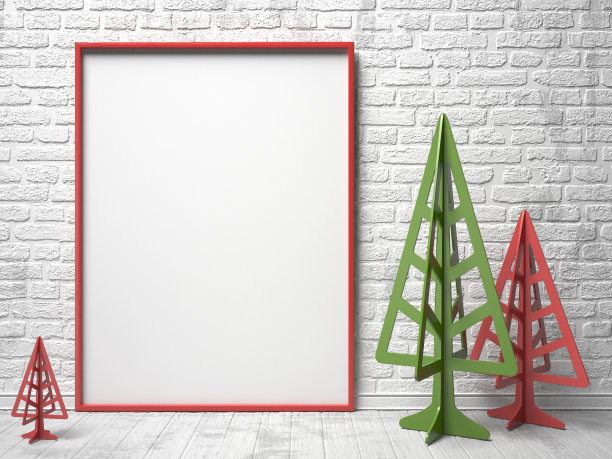 模型红色帆布框架，和圣诞树。3 d图片下载