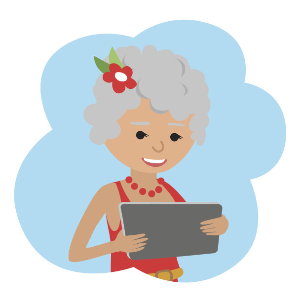 手里拿着平板电脑的快乐老女人。图片下载