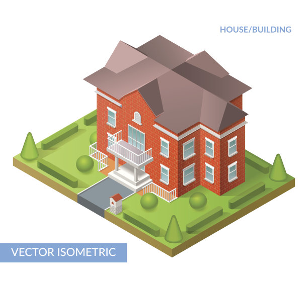 矢量等距平面插图与房子和院子图片下载