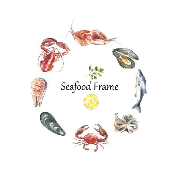 一套海鲜水彩画。图片下载