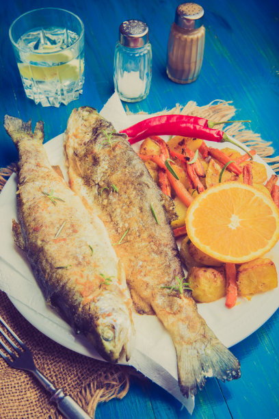 烤鳟鱼配土豆和胡萝卜的复古照片图片下载