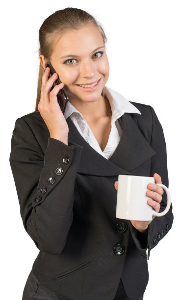女商人拿着杯子，在讲电话图片下载