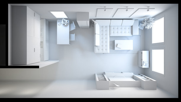 一个没有纹理的小阁楼的3D室内渲染图片下载