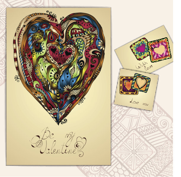 一套涂鸦部落爱情卡片。民族图案。图片下载