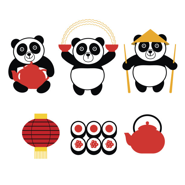 带有亚洲食物的载体熊猫图片下载