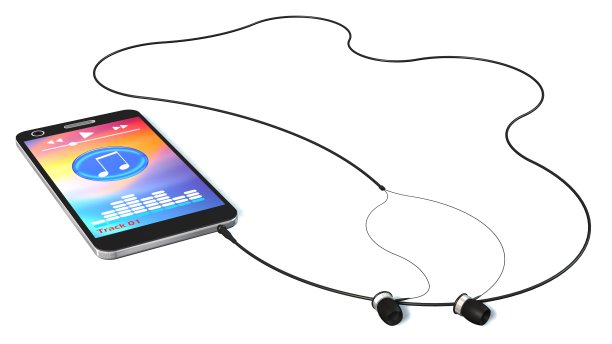 智能手机与耳机隔离在白色音乐播放的概念图片下载