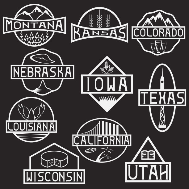 美国的州和地标标签图片下载