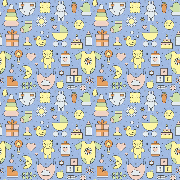 宝贝(女孩和男孩)可爱的轮廓向量无缝图案(蓝色)。图片下载