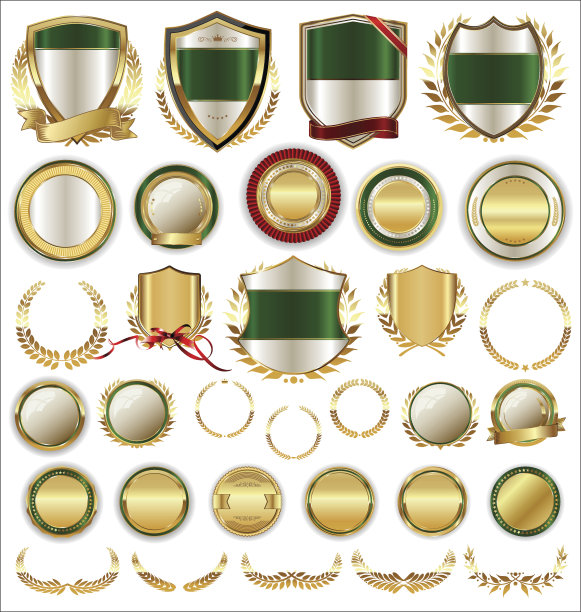 向量中世纪金盾桂冠花环和徽章收集图片下载