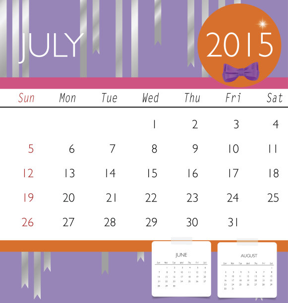 2015年日历，月日历模板为7月。图片下载
