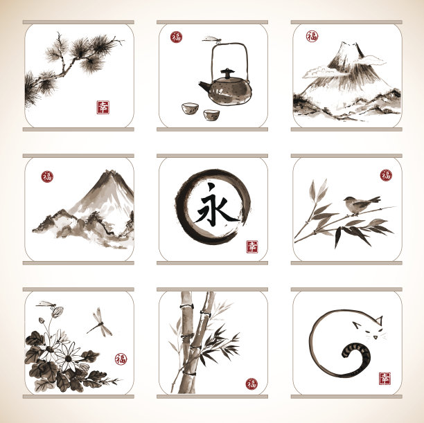 收集元素手绘在传统日本风格的sumie。图片下载