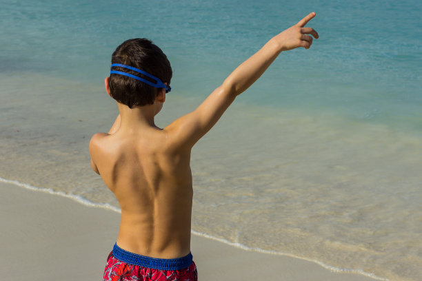 海滩上的小男孩指着右边图片下载