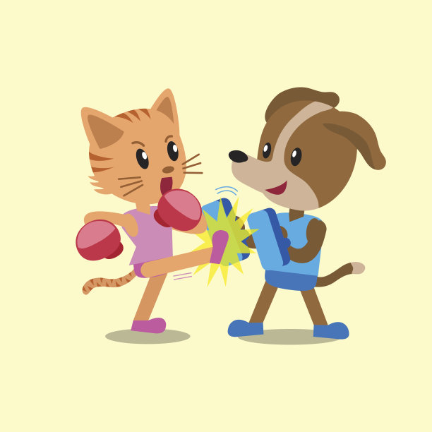 卡通猫和狗在做跆拳道训练图片下载