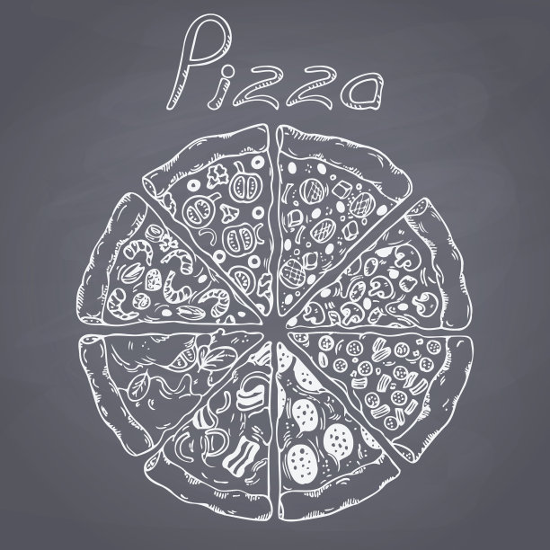 不同的披萨切片在向量中的集合。粉笔风格说明图片下载