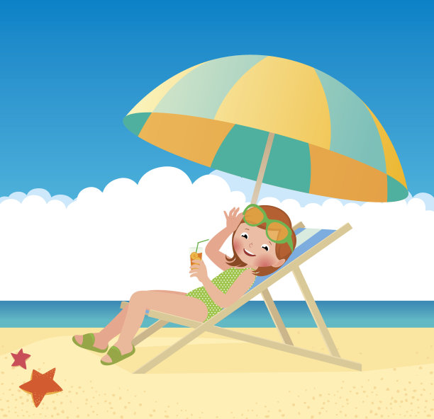 女孩躺在沙滩上的日光浴躺椅上图片下载