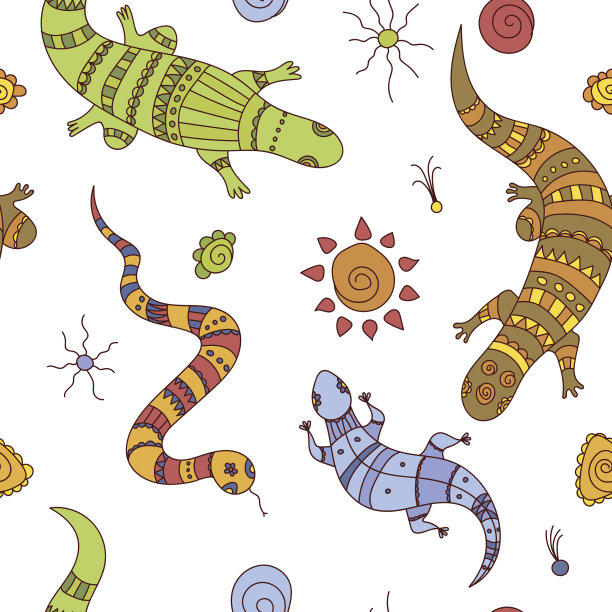 无缝图案与涂鸦蜥蜴和蛇图片下载