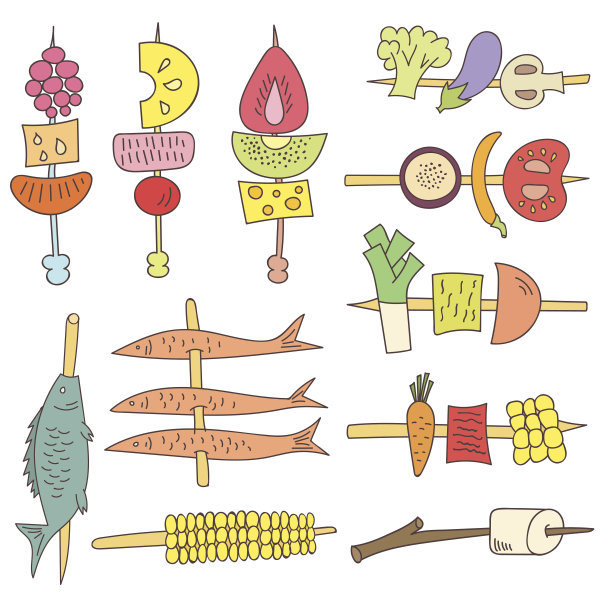 烧烤蔬菜、鱼和水果图片下载