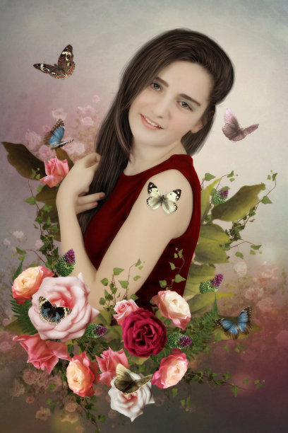 玫瑰花丛中的女孩图片下载