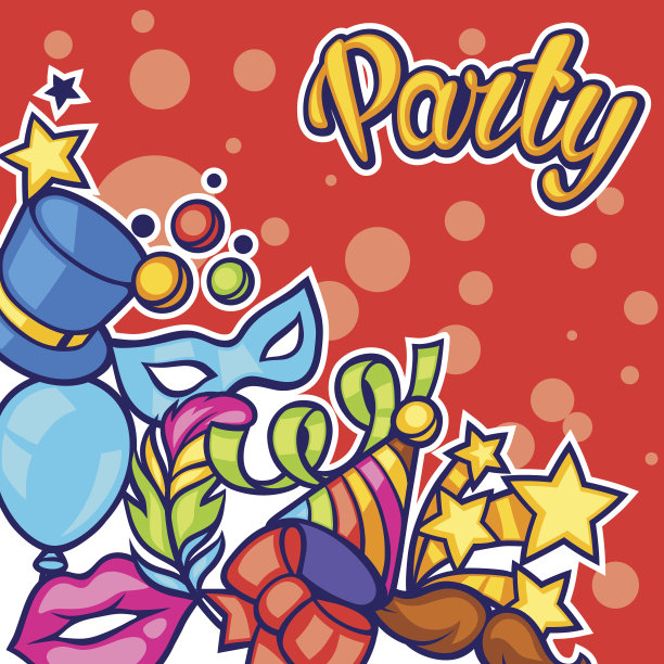 庆祝派对卡与狂欢的图标和对象图片下载