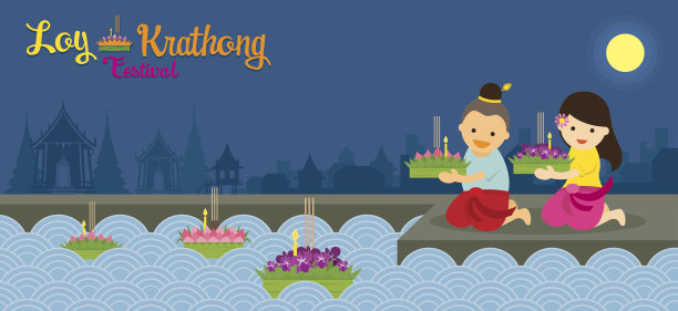 Loy Krathong节日背景与孩子，夜景图片下载