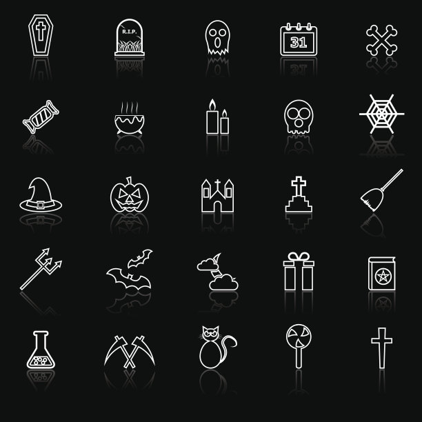 万圣节线图标与反映在黑色的背景图片下载