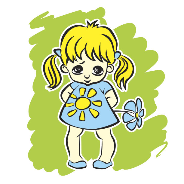 漂亮的大眼睛小女孩一直养着蓝色的花。图片下载