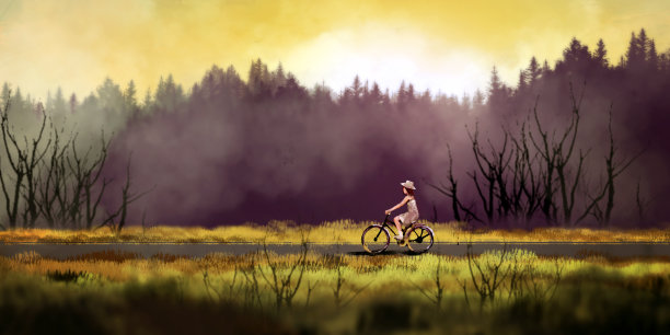 秋季插画粗糙的绘画风格，吉尔克自行车在风景图片下载