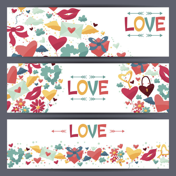 印有情人节和婚礼标志的横幅。图片下载