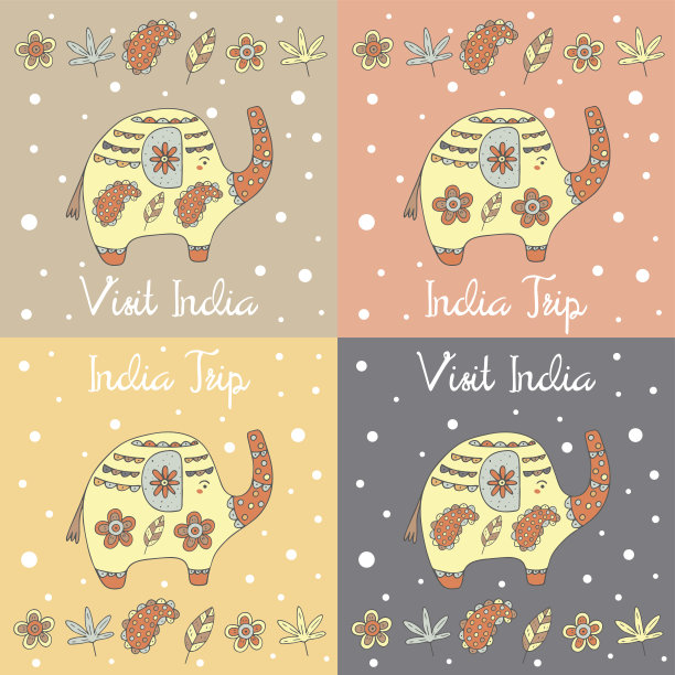 可爱的手绘涂鸦卡，印有大象的明信片图片下载