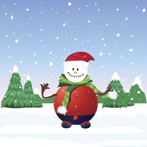 戴着帽子的红色雪人在蓝色的雪地上挥舞图片下载