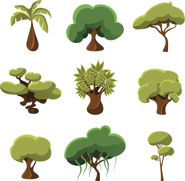 卡通树，树叶和灌木设置矢量插图图片下载