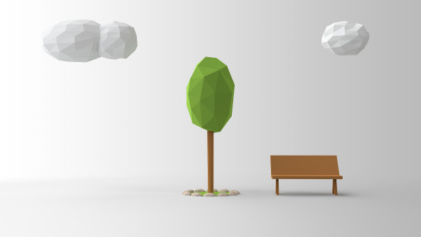 低多边形插图场景。云树和一张长椅。图片下载