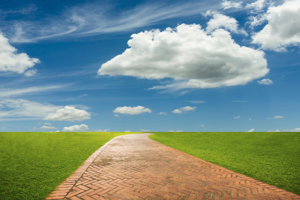绿色的田野和蓝色的天空之间的人行道在背景中图片下载