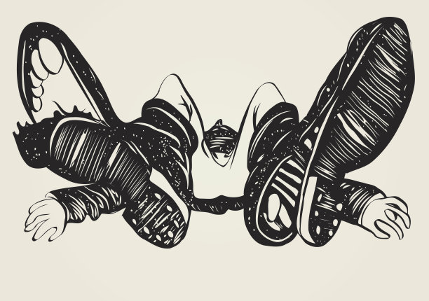 一个人躺在腿上，巨大的鞋子和撕裂的鞋底图片下载