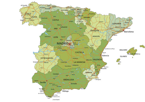 西班牙-高度详细的可编辑的政治地图与分离的层。图片下载