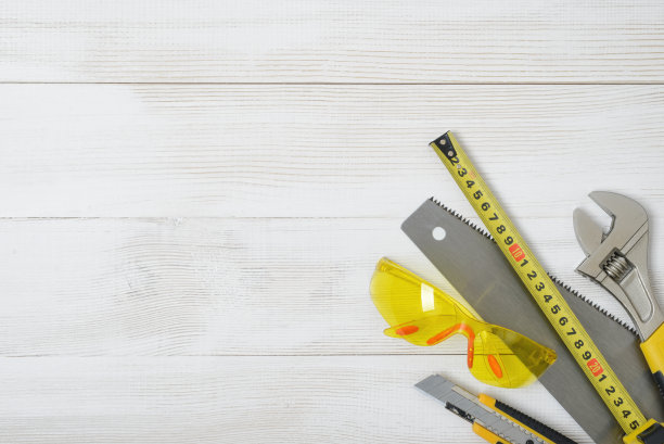 俯视图的建筑工具和工具对木制DIY图片下载