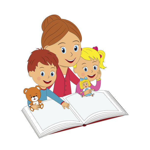 男孩，女孩和女人拿着书和玩具图片下载