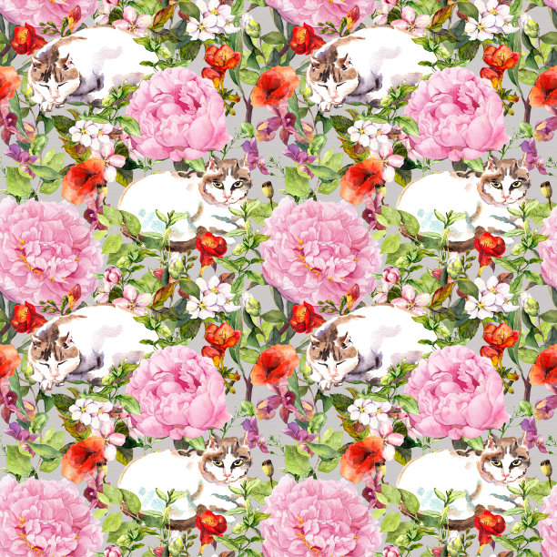 猫躺在草里，花里。花卉无缝模式。水彩图片下载