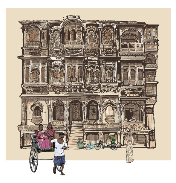 印度焦特布尔的带有阳台的老房子立面图片下载