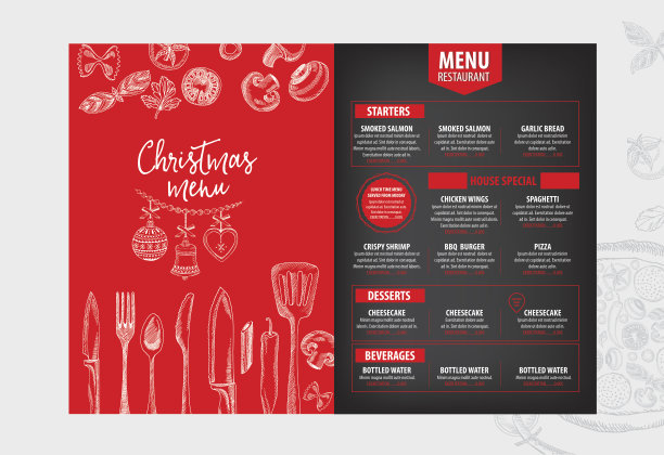圣诞派对邀请餐厅。食物的传单。图片下载