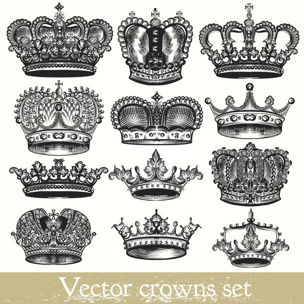 一套矢量手画皇冠在复古风格素材图片