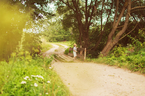 男孩站在森林的小路上图片下载