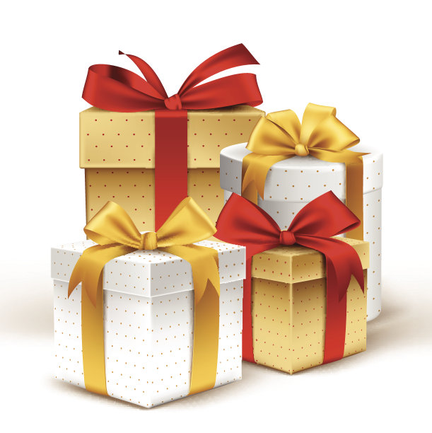 一组逼真的3D彩色礼品与彩色丝带包装素材图片