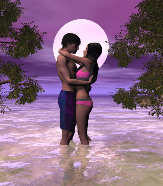 满月的夜晚，年轻夫妇拥抱的场景图片下载