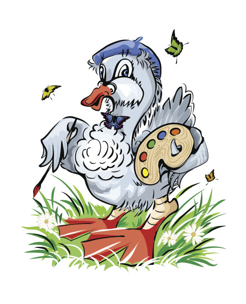 绿草地上的鹅艺术家。矢量插图。图片下载