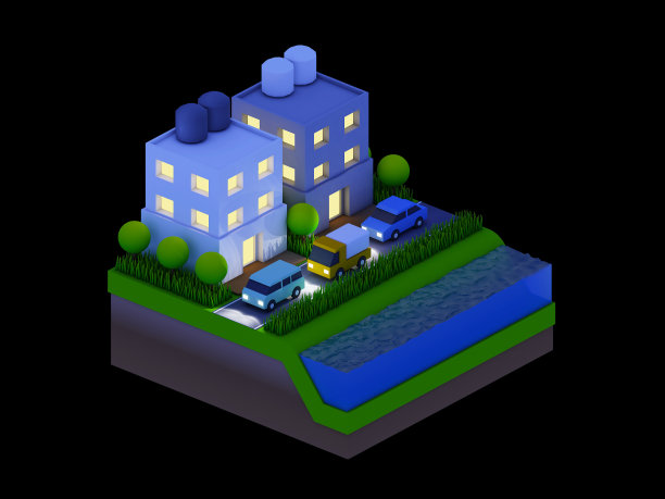 等距城市建筑、景观、道路和河流、夜景图片下载