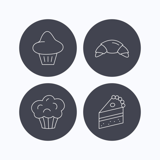 牛角面包，奶油蛋卷和一块蛋糕的图标。图片下载