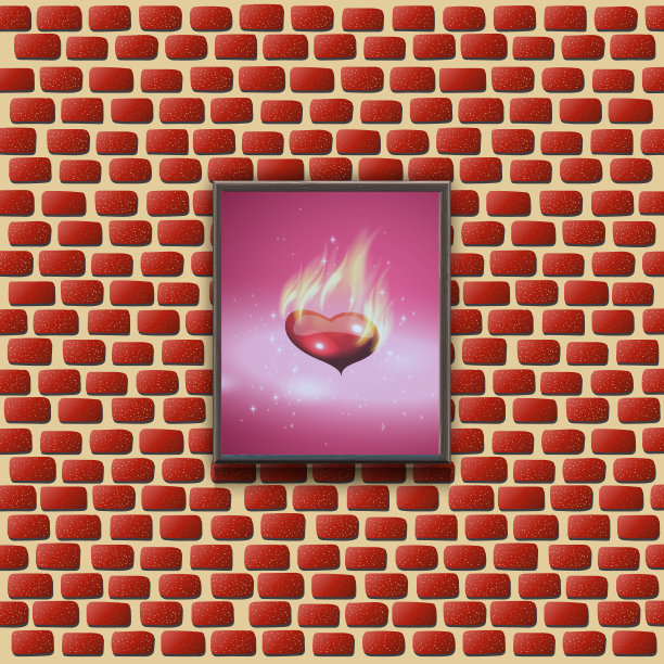 在砖墙上画着发光的心。图片下载