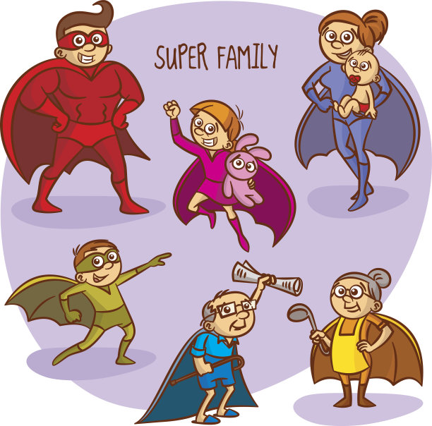 超级家族。的超级英雄。的孩子。向量Illustartion图片下载